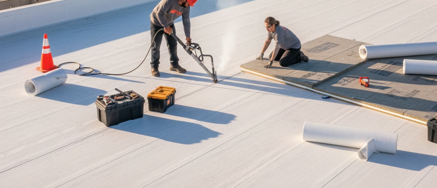 Modern commercial building with a newly installed flat roof in Montebello, California