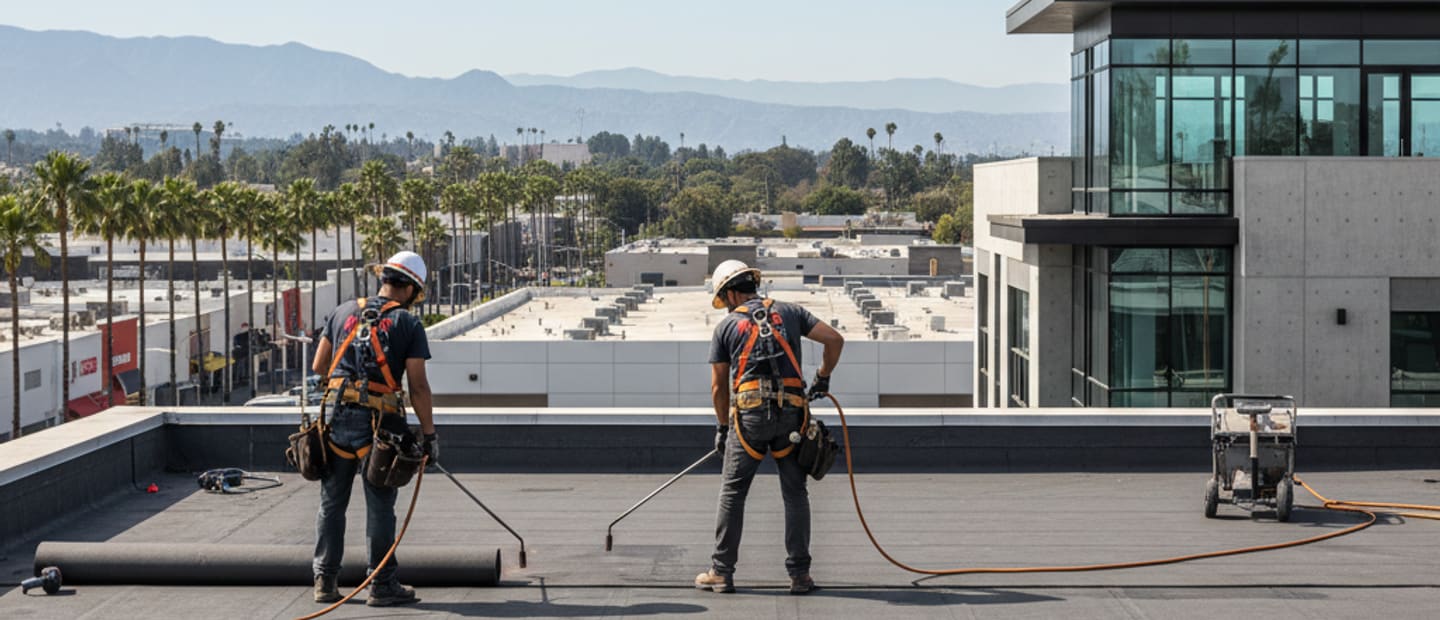 Sleek modern building with a new flat roof installation in North Hollywood