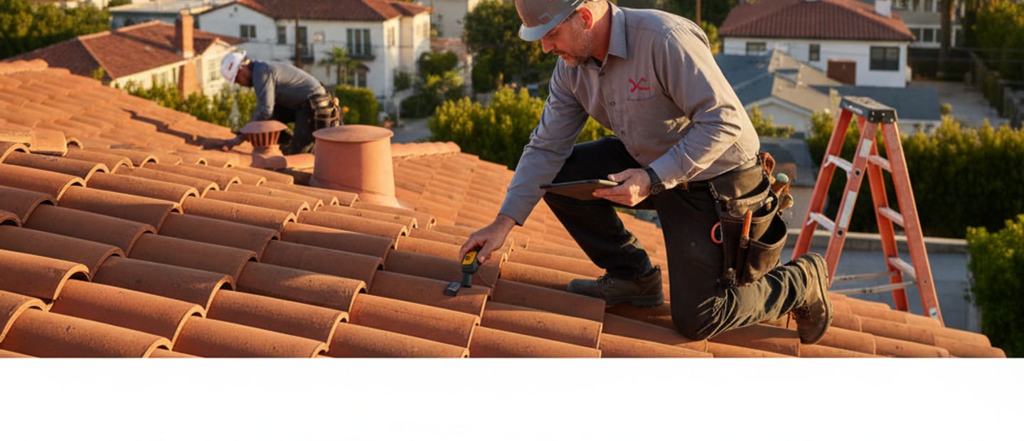 Professional roofer performing a free roof inspection in Los Angeles