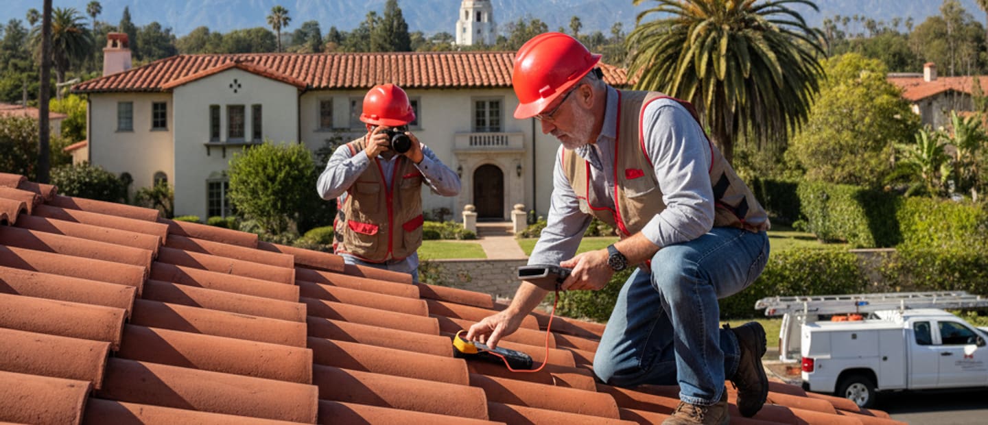 A professional roof inspector examining a residential roof in Pasadena, ensuring its integrity.
