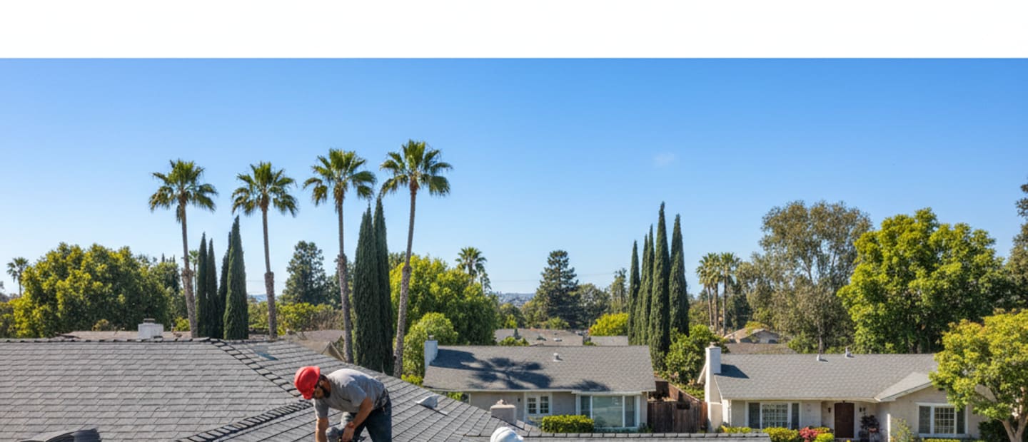 A beautiful new shingle roof on a residential house in Arcadia, with blue skies and palm trees.