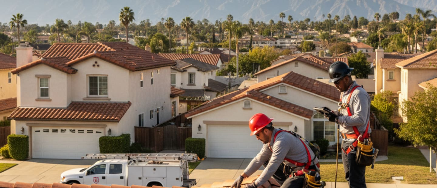 Roofing crew inspecting a roof for preventive maintenance in Alhambra