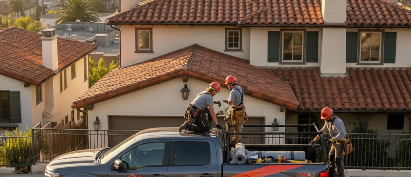LA Roof Services truck parked in a residential street in Hollywood