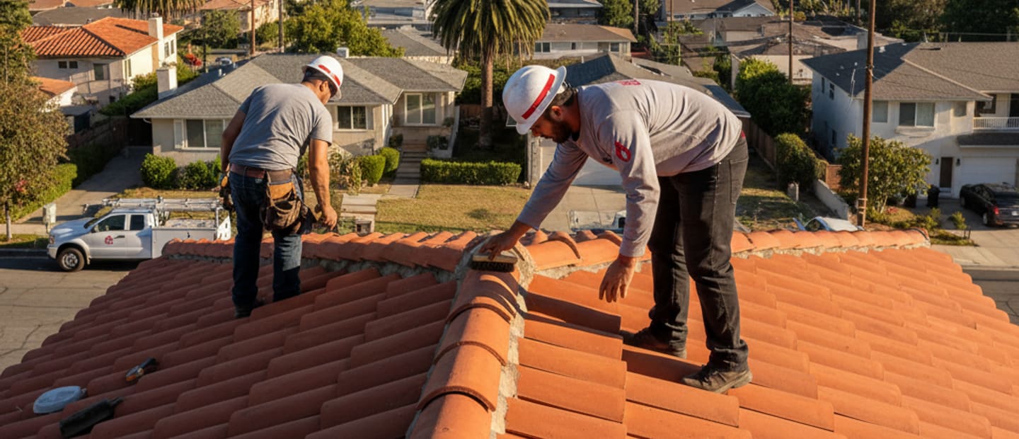 Roofer performing routine maintenance on a residential tile roof in Los Angeles