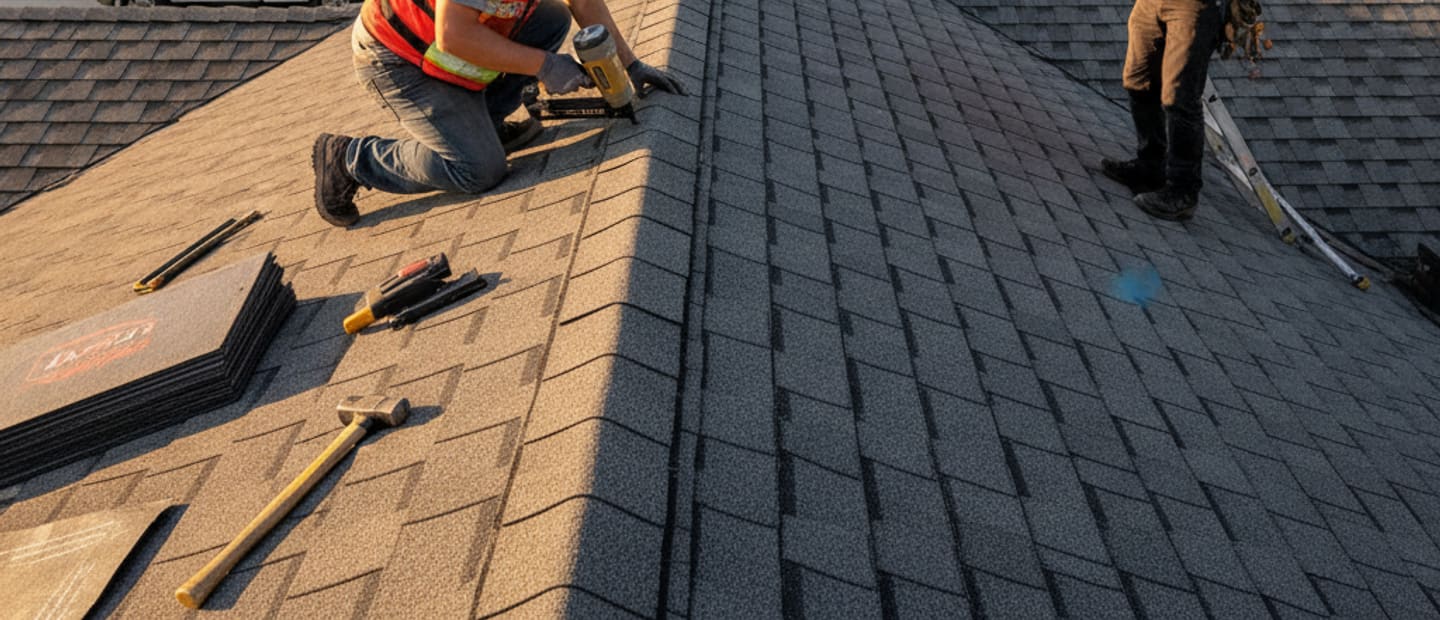 Professionals installing new shingle layer during reroofing in Burbank