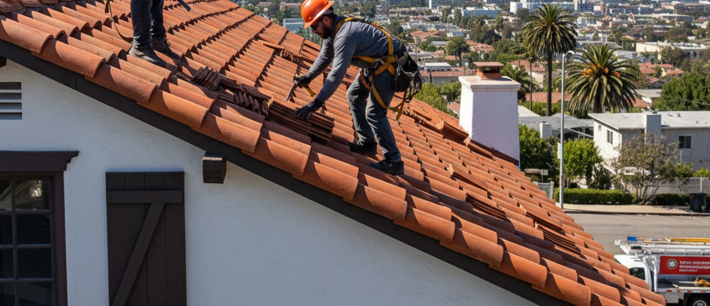 Reroofing project in progress on a residential property in Hollywood, with a clear blue sky
