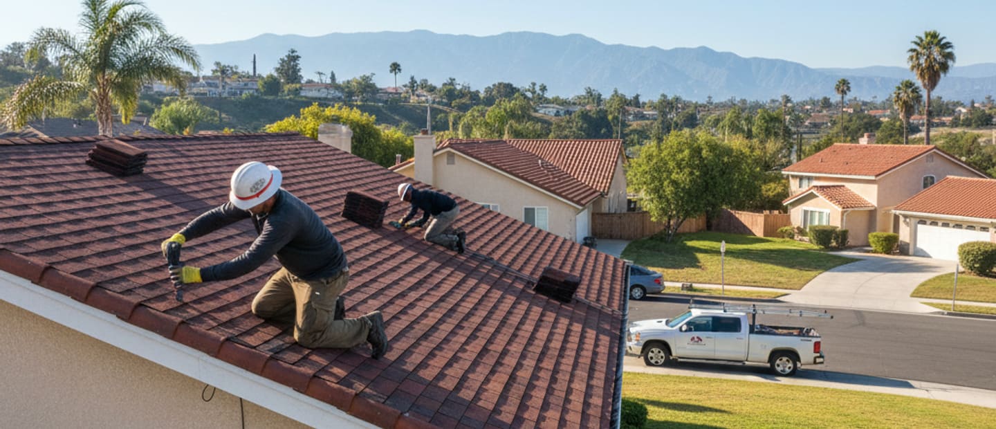 A skilled roofer installing new shingles on a residential roof in Montebello, CA