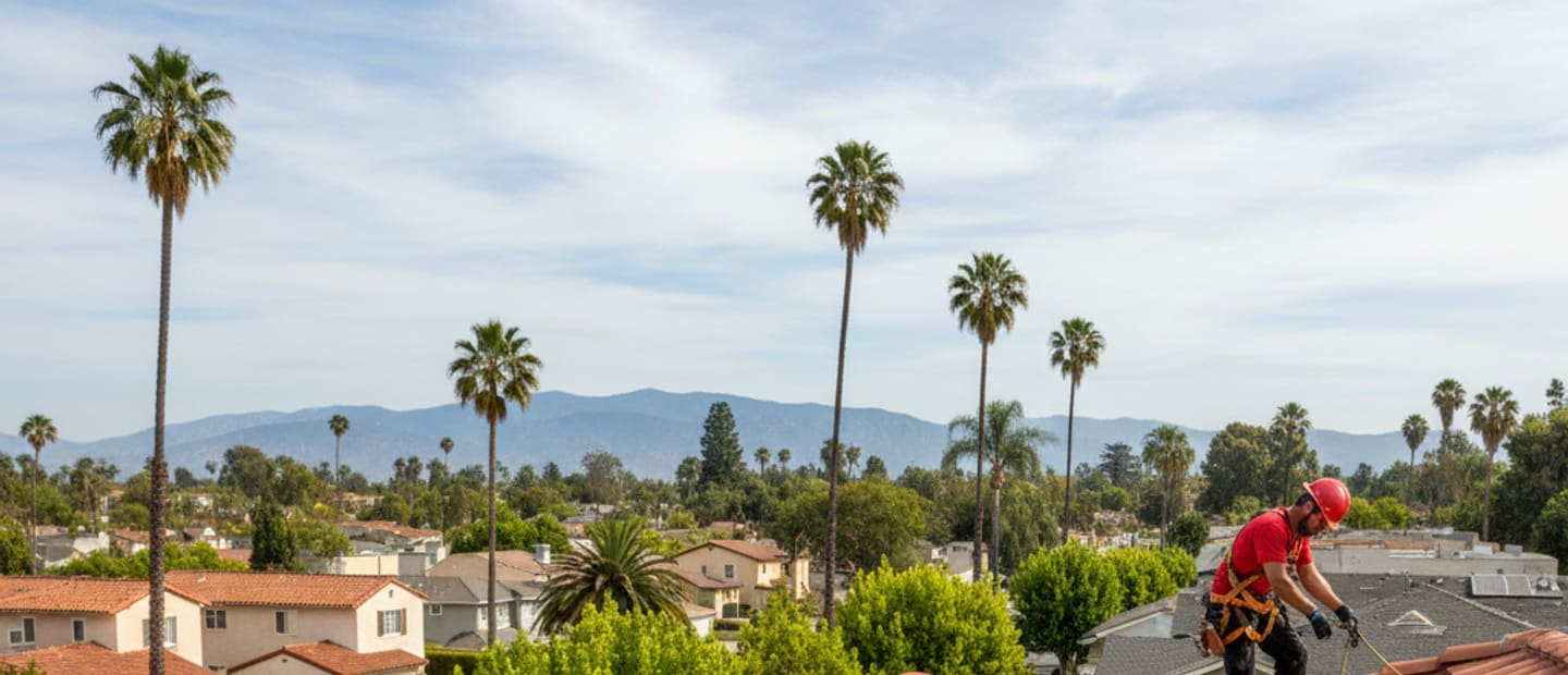 Roof repair technician on a residential roof in Alhambra, inspecting for damage.