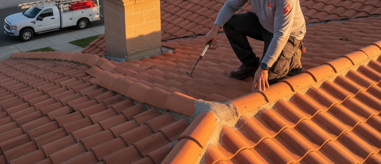 Roof repair technician inspecting a residential roof in Burbank