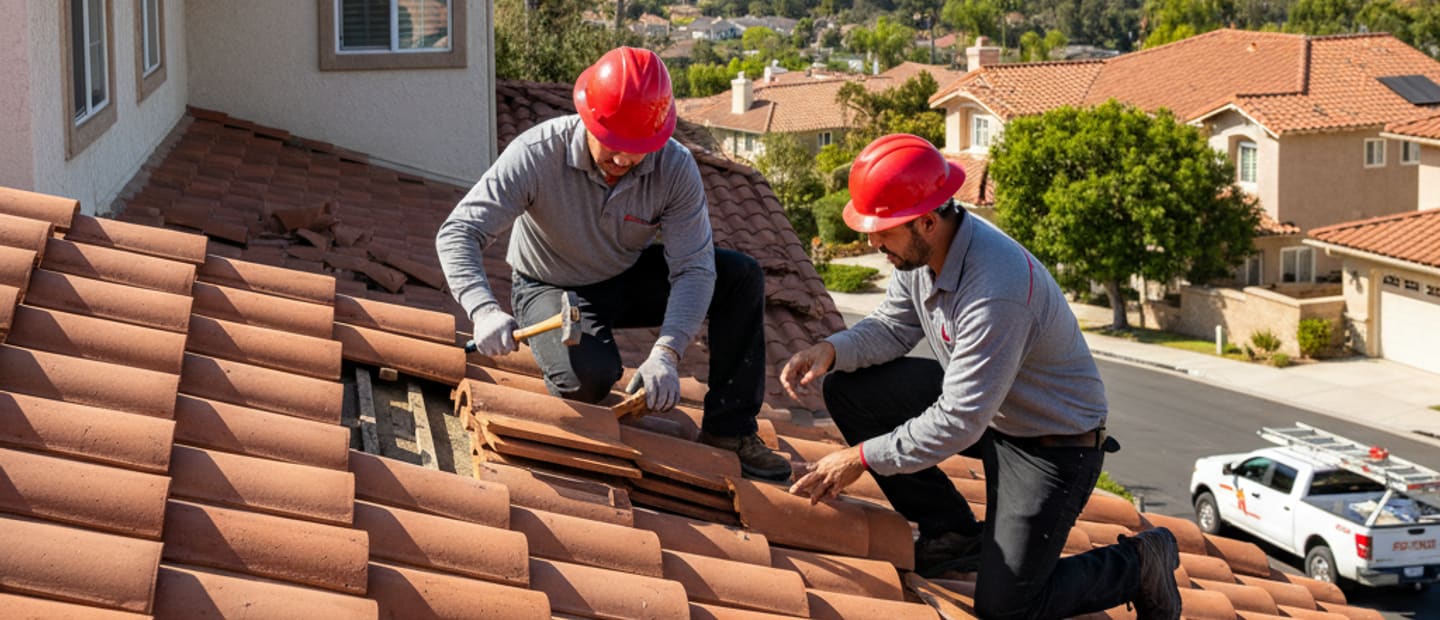 Skilled roofers repairing a residential roof in Montebello with a clear sky backdrop