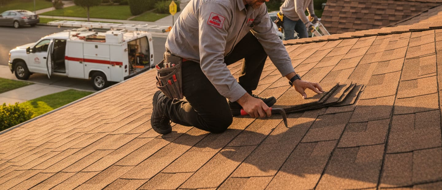 Roof repair technician inspecting a shingle roof in Pasadena.