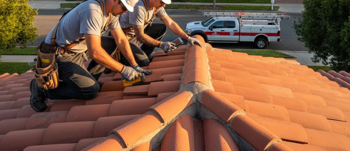 Skilled roofers performing roof repair on a residential property in San Marino