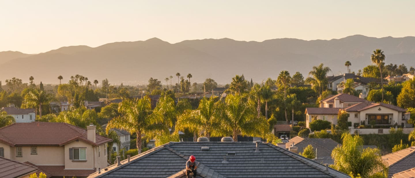 Newly installed shingle roof on a modern Glendale home at sunset