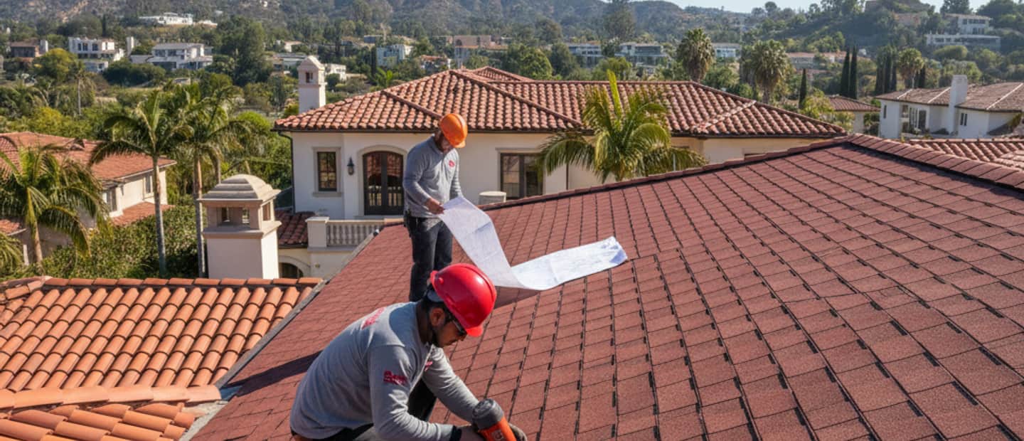 Modern shingle roof on a beautiful Hollywood home under a clear sky, highlighting quality installation.