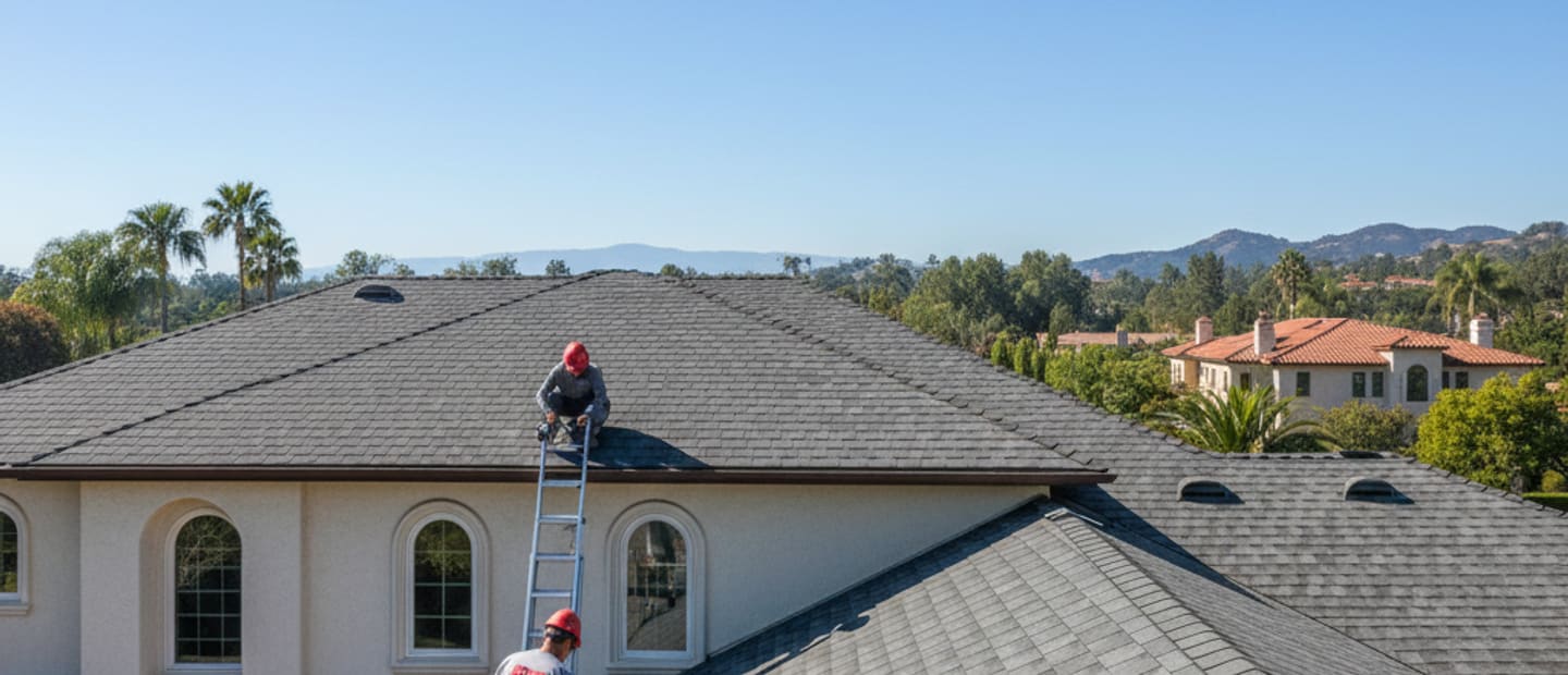 Newly installed shingle roof on a house in San Marino under a clear blue sky, showing quality craftsmanship.