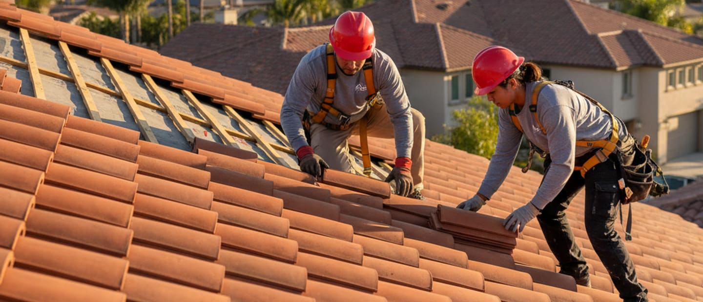 Newly installed clay tile roof on a modern Burbank home under a clear sky.