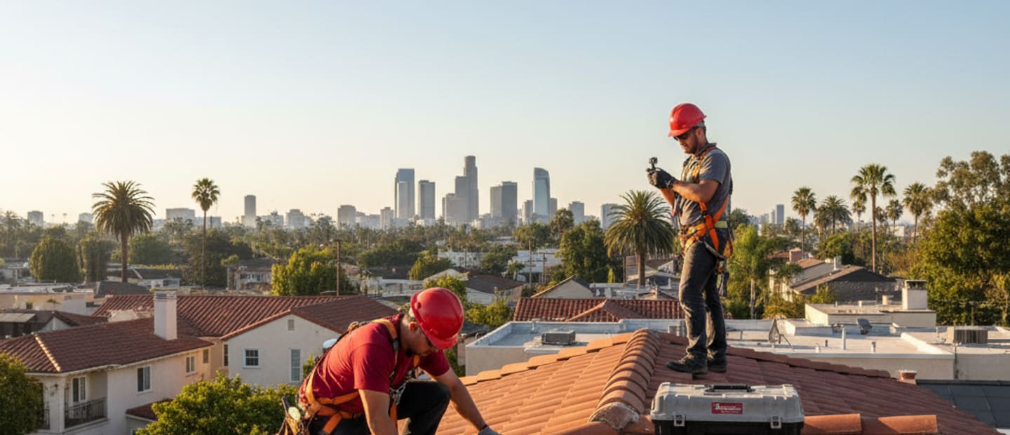 Residential property with a beautiful red tile roof under the Los Angeles sun