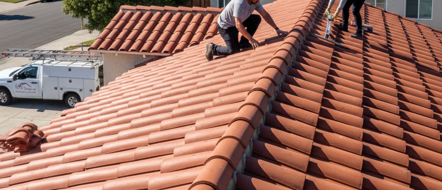 North Hollywood residential property with a newly installed tile roof against a clear sky