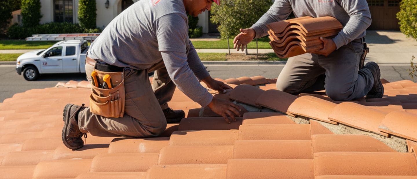 Beautiful tile roof on a home in Pasadena with mountains in the background