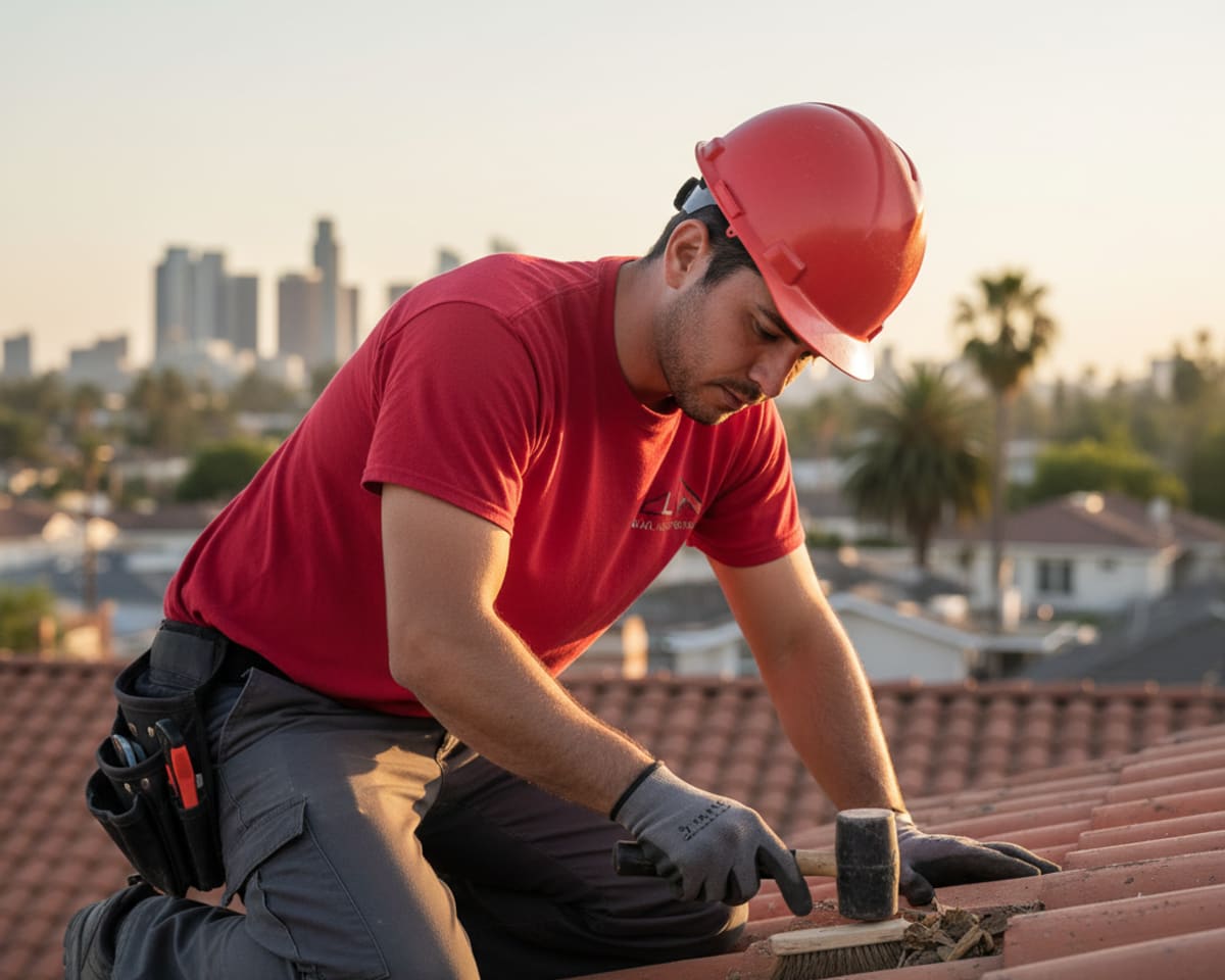 Residential roof technician inspecting a tile roof for preventive maintenance in a Los Angeles neighborhood